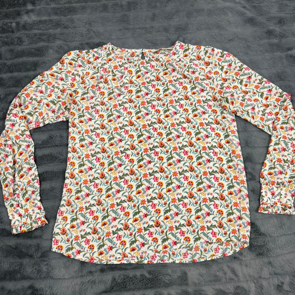 LOFT Womens XS Floral Long Sleeve Blouse Crew Neck Ruffle Cuff Keyhole Back